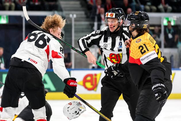 Ice hockey, Eishockey - IIHF WC 2026 ZURICH,SWITZERLAND,18.MAY.26 - ICE HOCKEY - IIHF Ice Hockey World Championship, WM, Weltmeisterschaft 2026, group stage, Germany vs Switzerland. Image shows Janis Moser (SUI), linesman and Nicolas Krammer (GER).  GEPAxpictures xMaticxKlansek