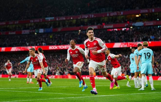 Kai Havertz of Arsenal celebrates scoring the opening goal Arsenal v Burnley, Premier League, Football, Emirates Stadium, London, UK - 18 May 2026London Emirates Stadium United Kingdom EDITORIAL USE ONLY No use with unauthorised audio, video, data, fixture lists, club league logos or live services. Online in-match use limited to 120 images, no video emulation. No use in betting, games or single club league player publications.  Copyright: xJavierxGarcia Shutterstockx 16881286r