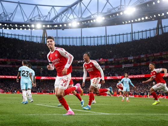 Kai Havertz celebrates scoring the opening goal for Arsenal Arsenal v Burnley, Football, Premier League, Emirates Stadium, Islington, London, UK - 18 05 2026 EDITORIAL USE ONLY No use with unauthorised audio, video, data, fixture lists, club league logos or live services. Online in-match use limited to 120 images, no video emulation. No use in betting, games or single club league player publications.  Copyright: xMattxImpey Shutterstockx 16882378e