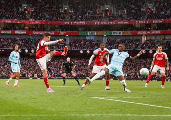 Kai Havertz of Arsenal shoots Arsenal v Burnley, Football, Premier League, Emirates Stadium, Islington, London, UK - 18 05 2026 EDITORIAL USE ONLY No use with unauthorised audio, video, data, fixture lists, club league logos or live services. Online in-match use limited to 120 images, no video emulation. No use in betting, games or single club league player publications.  Copyright: xMattxImpey Shutterstockx 16882378f
