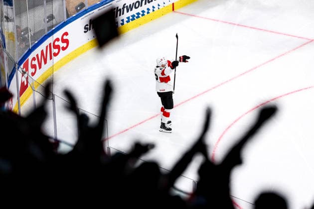 Ice hockey, Eishockey - IIHF WC 2026 ZURICH,SWITZERLAND,18.MAY.26 - ICE HOCKEY - IIHF Ice Hockey World Championship, WM, Weltmeisterschaft 2026, group stage, Germany vs Switzerland. Image shows the rejoicing of Denis Malgin (SUI).  GEPAxpictures xMaticxKlansek