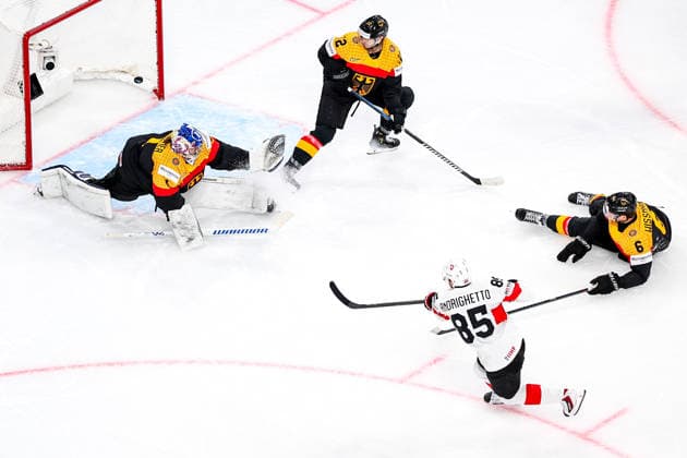 Ice hockey, Eishockey - IIHF WC 2026 ZURICH,SWITZERLAND,18.MAY.26 - ICE HOCKEY - IIHF Ice Hockey World Championship, WM, Weltmeisterschaft 2026, group stage, Germany vs Switzerland. Image shows Jonas Stettmer (GER), Eric Mik (GER), Sven Andrighetto (SUI) and Kai Wissmann (GER).  GEPAxpictures xMaticxKlansek
