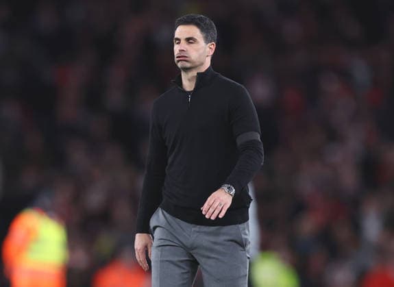 London, England, 18th May 2026. Mikel Arteta manager of Arsenal shows relief and winning during the Arsenal vs Burnley Premier League match at the Emirates Stadium, London. Picture credit should read: David Klein Sportimage EDITORIAL USE ONLY. No use with unauthorised audio, video, data, fixture lists, club league logos or live services. Online in-match use limited to 120 images, no video emulation. No use in betting, games or single club league player publications. SPI_029_DK_Arsenal_Burnley SPI-4808-0026