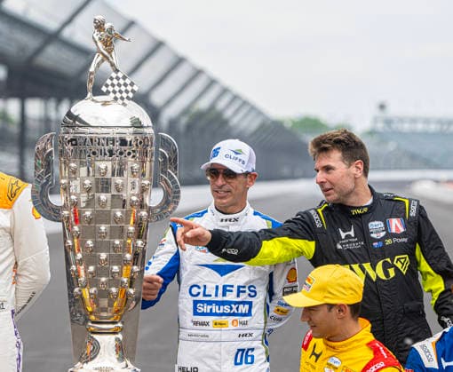 May 18, 2026, Indianapolis, Indiana, USA: Four time Indianapolis winner Helio Castroneves of Brazil, left, and 2018 Indianapolis winner Will Power of Australia 500 look over the Borg-Warner Trophy during Mondays photo session at the Indianapolis Motor Speedway. Monday, May 18, 2026. Indianapolis USA - ZUMAr44_ 20260518_zsp_r44_002 Copyright: xThomasxJ.xRussox