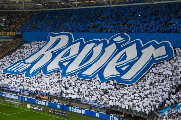 2 Bundesliga FC Schalke 04 Eintracht Braunschweig on 17 05 2026 in the Veltins Arena on Schalke The Schalke fans with a whole stadium choreo, choreography, choreography Kaiser in the district, here a detail section with the block flag in the district MH
