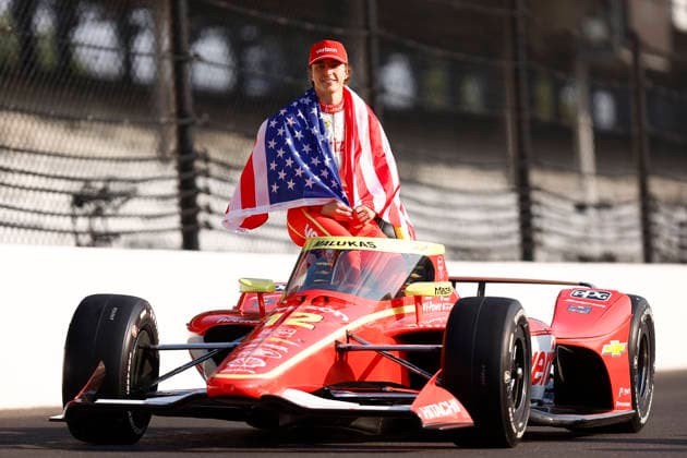 INDIANAPOLIS, IN - MAY 18: David Maluka ( 12)Team Penske Chevrolet with the American Flay during the NTT IndyCar, Indy Car, IRL, USA Series Indianapolis 500 front row photoshoot at Indianapolis Motor Speedway in Indianapolis, IN. (Photo by Jeffrey Brown Icon Sportswire) AUTO: MAY 18 NTT IndyCar Series Indianapolis 500 Practice EDITORIAL USE ONLY Icon05126018