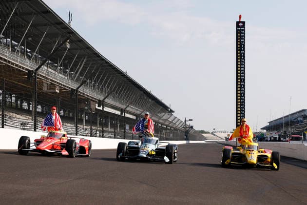 INDIANAPOLIS, IN - MAY 18: The front row poses with the flags of their country during the NTT IndyCar, Indy Car, IRL, USA Series Indianapolis 500 front row photoshoot at Indianapolis Motor Speedway in Indianapolis, IN. (Photo by Jeffrey Brown Icon Sportswire) AUTO: MAY 18 NTT IndyCar Series Indianapolis 500 Practice EDITORIAL USE ONLY Icon05126019