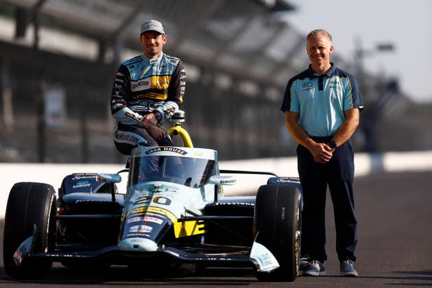 INDIANAPOLIS, IN - MAY 18: Alexander Rossi (20) of ECR Racing Chevrolet with team owner Ed Carpenter during the NTT IndyCar, Indy Car, IRL, USA Series Indianapolis 500 front row photoshoot at Indianapolis Motor Speedway in Indianapolis, IN. (Photo by Jeffrey Brown Icon Sportswire) AUTO: MAY 18 NTT IndyCar Series Indianapolis 500 Practice EDITORIAL USE ONLY Icon05126026