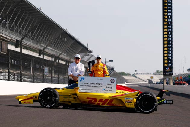 INDIANAPOLIS, IN - MAY 18: Pole sitter Alex Palou (10) Chip Ganassi Racing Honda and Team Owner Chip Ganassi during the NTT IndyCar, Indy Car, IRL, USA Series Indianapolis 500 front row photoshoot at Indianapolis Motor Speedway in Indianapolis, IN. (Photo by Jeffrey Brown Icon Sportswire) AUTO: MAY 18 NTT IndyCar Series Indianapolis 500 Practice EDITORIAL USE ONLY Icon05126031