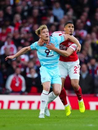William Saliba of Arsenal grapples with Zian Flemming of Burnley Arsenal v Burnley, Premier League, Football, Emirates Stadium, London, UK - 18 May 2026London Emirates Stadium United Kingdom EDITORIAL USE ONLY No use with unauthorised audio, video, data, fixture lists, club league logos or live services. Online in-match use limited to 120 images, no video emulation. No use in betting, games or single club league player publications.  Copyright: xJavierxGarcia Shutterstockx 16881286bz