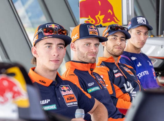 MOTORSPORTS - MotoGP, GP of Austria 2026 SPIELBERG,AUSTRIA,19.MAY.26 - MOTORSPORTS - MotoGP, Grand Prix of Austria, Red Bull Ring, preview, media day. Image shows Pedro Acosta (ESP Red Bull KTM Factory Racing), Brad Binder (RSA Red Bull KTM Factory Racing), Enea Bastianini (ITA Red Bull KTM Tech3) and Toprak Razgatlioglu (TUR Prima Pramac Yamaha MotoGP).  GEPAxpictures xHaraldxSteiner