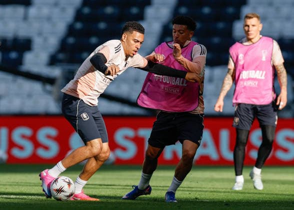 Beskitas, Istanbul 19th May 2026. Morgan Rogers of Aston Villa and Jadon Sancho of Aston Villa battle for the ball during their pre final training session at Besiktas Park, Istanbul. Picture date: 19th May 2026. Picture credit should read: Cody Froggatt Sportimage EDITORIAL USE ONLY. No use with unauthorised audio, video, data, fixture lists, club league logos or live services. Online in-match use limited to 120 images, no video emulation. No use in betting, games or single club league player publications. SPI_020_CF_ASTON_VILLA_TRAINING SPI-4812-0020