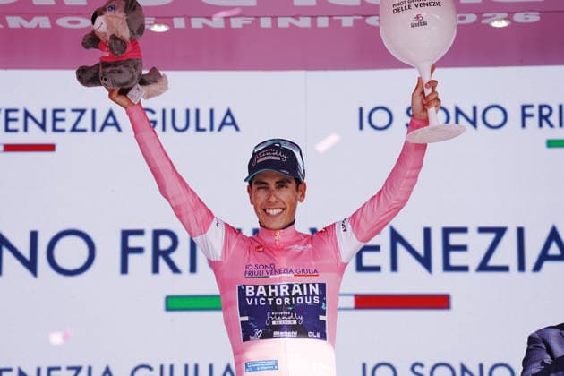 Portugal™s Afonso Oliveira Eulalio of Bahrain Victorious pink jersey on the podium during Stage 10, an individual time trial at the Giro d™Italia, from Viareggio to Massa, Italy, Tuesday, May 19, 2026.  Copyright: xGianxMattiaxD Albertox xLaPressex
