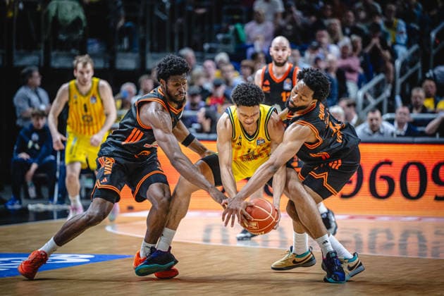 Basketball Berlin 19 05 2026 Season 2025 2026 EasyCredit BBL 1 Bundesliga Men, Men Playoffs Quarterfinals Game 2 Alba Berlin RASTA Vechta Jack Kayil Alba Berlin, No 07 Lloyd Pandi Vechta, No 41 TJ Bamba Vechta, No 05