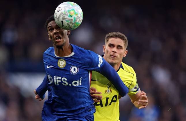 Josh Acheampong of Chelsea and Micky van de Ven of Tottenham Hotspur in action Chelsea v Tottenham Hotspur, Premier League, Football, Stamford Bridge, London, UK - 19 May 2026London Stamford Bridge United Kingdom EDITORIAL USE ONLY No use with unauthorised audio, video, data, fixture lists, club league logos or live services. Online in-match use limited to 120 images, no video emulation. No use in betting, games or single club league player publications.  Copyright: xKieranxMcManus Shutterstockx 16881293o