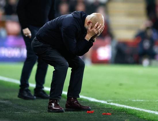 Pep Guardiola the Manchester City manager dejected at a missed chance AFC Bournmeouth v Manchester City, Football, Premier League, Vitality Stadium, Bournemouth, Dorset, UK - 19 05 2026 EDITORIAL USE ONLY No use with unauthorised audio, video, data, fixture lists, club league logos or live services. Online in-match use limited to 120 images, no video emulation. No use in betting, games or single club league player publications. Copyright: xMattxImpey Shutterstockx 16884011ar