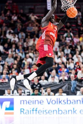 MUNICH, GERMANY - MAY 19: Wenyen Gabriel (FC Bayern Muenchen, 32) hanging on the basket after a dunk during the easyCredit Basketball Bundesliga Playoffs Quarterfinal Game 2 between FC Bayern Muenchen vs. Vet-Concept Gladiators Trier at SAP Garden on match 2 of the Playoffs Quarterfinals Best of Five of easyCredit Basketball Bundesliga on May 19, 2026 in Munich, Germany. Bavaria Germany Copyright: xSteffiexWunderlx