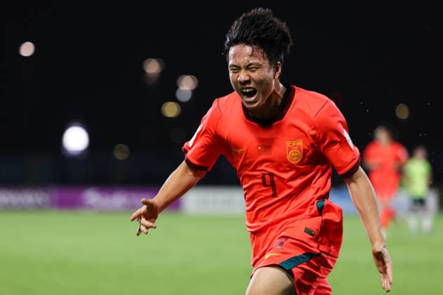 JEDDAH, SAUDI ARABIA - MAY 19: Xie Jin 9 of Team China celebrates scoring a goal during the 2026 AFC U17, U 17 Asian Cup semifinal match between China and Australia at King Abdullah Sports City Hall Stadium Legends on May 19, 2026 in Jeddah, Saudi Arabia.  Copyright: xVCGx 111642810408