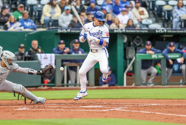 MAY 19, 2026: Kansas City Royals shortstop Bobby Witt Jr. (7) tries to avoid getting hit by a pitch in the 1st inning against the Boston Red Sox at Kauffman Stadium in Kansas City, MO. CSM Kansas City United States - ZUMAc04_ 20260519_zma_c04_204 Copyright: xRomanxPunox