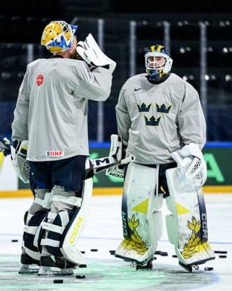 260520 goaltender Magnus Hellberg and goaltender Love Härenstam of Sweden at a practice session during the 2026 IIHF Ice Hockey World Championship on May 20, 2026 in Fribourg Photo Jesper Zerman BILDBYRAN kod JZ JZ0721 ishockey ice hockey ishockey vm 2026 vm 2026 iihf world championship träning practice sverige sweden day 6 bbeng  Copyright: JESPERxZERMAN BB260520JZ034