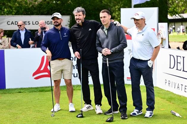 Soudal Open Golf SCHILDE, BELGIUM - MAY 20 : Mark Van Bommel, Wesley Sonck and Thomas Vermaelen pictured during the tee-off in the ProAm of the Soudal Open Golf at the Rinkven International Golf Club on May 20, 2026 in Schilde, Belgium, 20 05 2026 Schilde Belgium  Copyright: xPeterxDexVoechtx