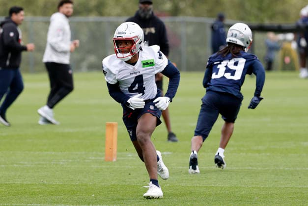 FOXBOROUGH, MA - MAY 09: JhaÕQuan Jackson 4 of the New England Patriots during New England Patriots rookie camp on May 9, 2026, at Gillette Stadium in Foxborough, Massachusetts. (Photo by Fred Kfoury III Icon Sportswire) NFL, American Football Herren, USA MAY 09 New England Patriots Workout EDITORIAL USE ONLY Icon482260509087