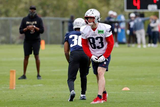 FOXBOROUGH, MA - MAY 09: Kyle Dixon 83 of the New England Patriots during New England Patriots rookie camp on May 9, 2026, at Gillette Stadium in Foxborough, Massachusetts. (Photo by Fred Kfoury III Icon Sportswire) NFL, American Football Herren, USA MAY 09 New England Patriots Workout EDITORIAL USE ONLY Icon482260509088