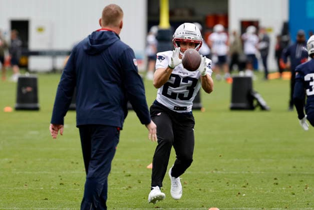 FOXBOROUGH, MA - MAY 09: Nick DeGennaro 23 of the New England Patriots during New England Patriots rookie camp on May 9, 2026, at Gillette Stadium in Foxborough, Massachusetts. (Photo by Fred Kfoury III Icon Sportswire) NFL, American Football Herren, USA MAY 09 New England Patriots Workout EDITORIAL USE ONLY Icon482260509094