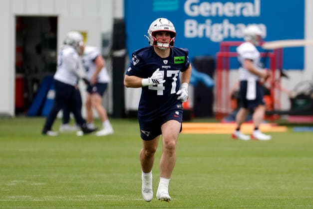 FOXBOROUGH, MA - MAY 09: Jordan Kwiatkowski 47 of the New England Patriots during New England Patriots rookie camp on May 9, 2026, at Gillette Stadium in Foxborough, Massachusetts. (Photo by Fred Kfoury III Icon Sportswire) NFL, American Football Herren, USA MAY 09 New England Patriots Workout EDITORIAL USE ONLY Icon482260509095