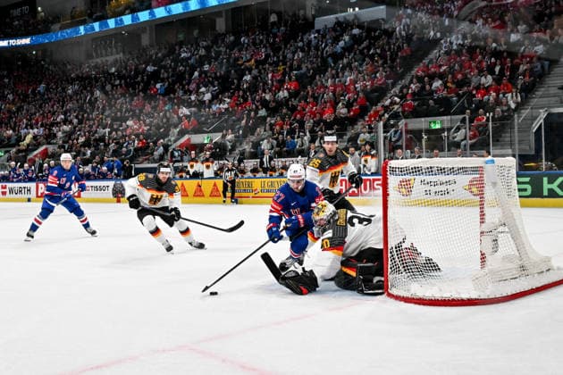 ZURICH, SWITZERLAND MAY 20 Matt Coronato of United States tries to score against goalkeeper Philipp Grubauer of Germany during the 2026 IIHF Ice Hockey World Championship Switzerland game between USA and Germany at Swiss Life Arena on May 20, 2026 in Zurich, Zurich Zurich Swiss Life Arena Zurich Switzerland Copyright: xJustPictures.ch AndreaxBrancax jp-en-EuSpIm-JP7_ANB_USA_Ger_20052026_7772