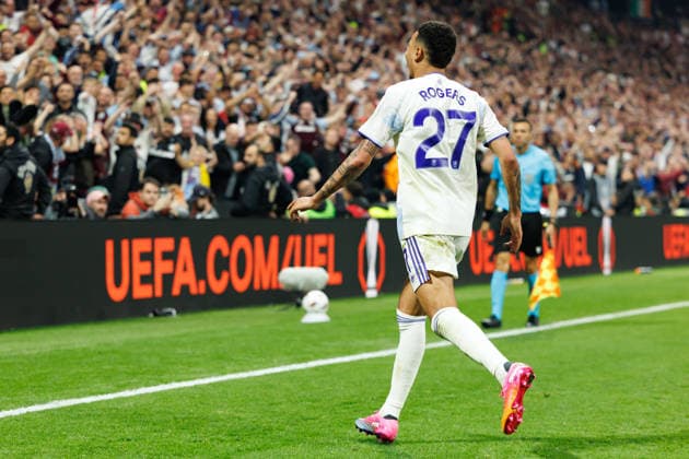Morgan Rogers celebrating score a goal seen during the UEFA Europa League 2026 final game between teams of SC Freiburg and Aston Villa FC (Maciej Rogowski Ball Raw Images) Istanbul Besiktas Stadium Turkey Copyright: xMaciejxRogowskix ROG_FRE_AST_2526-13