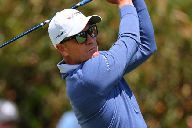 NEWTON SQUARE, PA - MAY 14: Luke Donald of England tees off at the first tee during round 1 of the 2026 PGA, Golf Herren Championship on May 14, 2026 at Aronimink Golf Club in Newtown Square, Pennsylvania. (Photo by Rich Graessle Icon Sportswire) GOLF: MAY 14 PGA PGA Championship EDITORIAL USE ONLY Icon260514261981