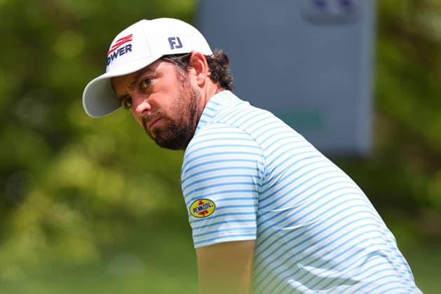 NEWTON SQUARE, PA - MAY 14: Davis Riley of the United States tees off at the tenth tee during round 1 of the 2026 PGA, Golf Herren Championship on May 14, 2026 at Aronimink Golf Club in Newtown Square, Pennsylvania. (Photo by Rich Graessle Icon Sportswire) GOLF: MAY 14 PGA PGA Championship EDITORIAL USE ONLY Icon260514262091