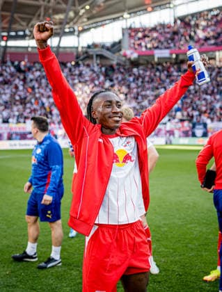Leipzigs Yan Diomande celebrating the final goal Soccer 1 Bundesliga, Matchday 33 RB Leipzig FC St Pauli 2 1 9 May 2026 Leipzig, Red Bull Arena RB Leipzig FC St Pauli 2 1