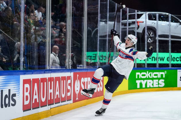 260521 Tinus Luc Koblar of Norway celebrates after 4 5 during the 2026 IIHF Ice Hockey World Championship between Canada and Norway on May 21, 2026 in Fribourg Photo Jesper Zerman BILDBYRAN kod JZ JZ0724 ishockey ice hockey ishockey vm 2026 vm 2026 iihf world championship kanada canada norge norway canada kanada bbeng jubel norge norway celebrates  Copyright: JESPERxZERMAN BB260521JZ096