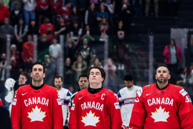 260521 Dylan Demelo, Macklin Celebrini and Cam Talbot of Canada after the 2026 IIHF Ice Hockey World Championship between Canada and Norway on May 21, 2026 in Fribourg Photo Jesper Zerman BILDBYRAN kod JZ JZ0724 ishockey ice hockey ishockey vm 2026 vm 2026 iihf world championship kanada canada norge norway bbeng  Copyright: JESPERxZERMAN BB260521JZ104