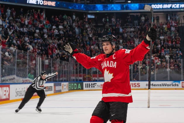 FRIBOURG, FRIBOURG - MAY 21: Macklin Celebrini of Canada celebrates the overtime victory during the 2026 IIHF World Championship, WM, Weltmeisterschaft Preliminary Round Group B match between Canada and Norway at BCF Arena on May 21, 2026 in Fribourg, Fribourg, Switzerland. Copyright: xLivioxBaeriswylx xSPPx Sportspressphoto_SPR151136