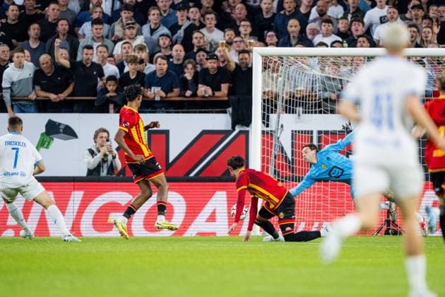Club s Nicolo Tresoldi scores a goal during a soccer match between KV Mechelen and Club Brugge KV, Thursday 21 May 2026 in Mechelen, on the ninth day of the Champion s Play-offs of the 2025-2026 Jupiler Pro League first division of the Belgian championship. JASPERxJACOBS  x174674608x
