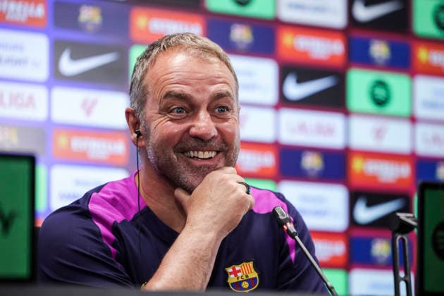 May 22, 2026, Sant Joan Despi, Barcelona, SPAIN: Hansi Flick, head coach of FC Barcelona, Barca attends his press conference, PK, Pressekonferenz during the training day of FC Barcelona ahead the Spanish League, LaLiga EA Sports, football match against Valencia CF at Ciudad Esportiva Joan Gamper on May 22, 2026 in Sant Joan Despi, Barcelona, Spain. FC Barcelona Training And Press Conference - LaLiga EA Sports  - ZUMAa181 20260522_zaa_a181_079 Copyright: xJavierxBorregox