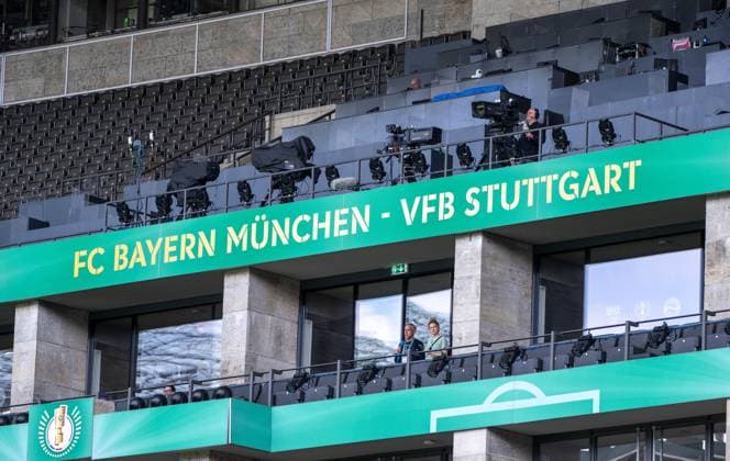 Soccer, men, season 2025 2026, 83 DFB Cup final, FC Bayern Munich VfB Stuttgart, training the day before, in the picture press stand with match pairing, 22 05 2026, Copyright: xMatthiasxKochx