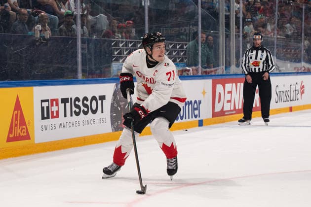 FRIBOURG, FRIBOURG - MAY 22: Macklin Celebrini of Canada during the 2026 IIHF World Championship, WM, Weltmeisterschaft Preliminary Round Group B match between Canada and Slovenia at BCF Arena on May 22, 2026 in Fribourg, Fribourg, Switzerland. Copyright: xLivioxBaeriswylx xSPPx Sportspressphoto_SPR151820