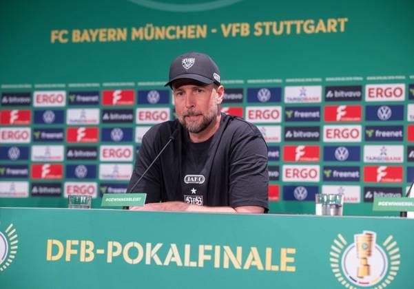 Soccer, Men, Season 2025 2026, Press conference for the 83 DFB Cup Final, FC Bayern Munich VfB Stuttgart, f l Coach Sebastian Hoeneß VfB Stuttgart , 22 05 2026, Copyright: xMatthiasxKochx