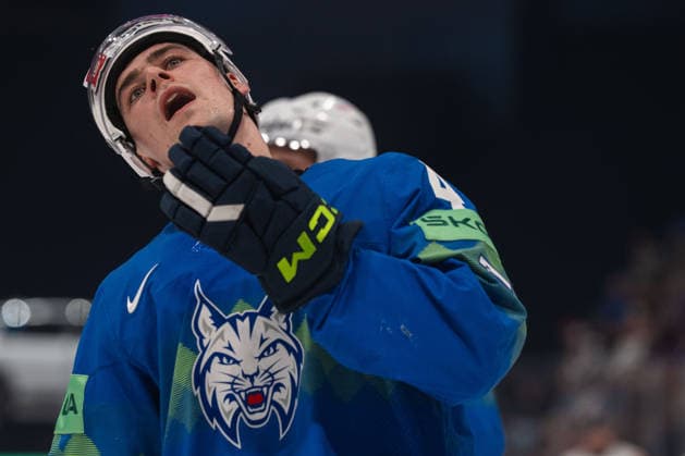 FRIBOURG, FRIBOURG - MAY 22: Matic Torok of Slovenia during the 2026 IIHF World Championship, WM, Weltmeisterschaft Preliminary Round Group B match between Canada and Slovenia at BCF Arena on May 22, 2026 in Fribourg, Fribourg, Switzerland. Copyright: xLivioxBaeriswylx xSPPx Sportspressphoto_SPR151824