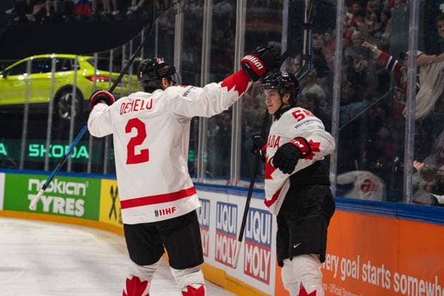 FRIBOURG, FRIBOURG - MAY 22: Canada players celebrate after scoring for a 3-0 lead during the 2026 IIHF World Championship, WM, Weltmeisterschaft Preliminary Round Group B match between Canada and Slovenia at BCF Arena on May 22, 2026 in Fribourg, Fribourg, Switzerland. Copyright: xLivioxBaeriswylx xSPPx Sportspressphoto_SPR151825