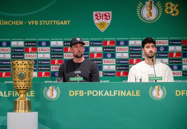 Soccer, Men, Season 2025 2026, Press conference for the 83 DFB Cup Final, FC Bayern Munich VfB Stuttgart, Coach Sebastian Hoeneß VfB Stuttgart , Atakan Karazor VfB Stuttgart , 22 05 2026, Copyright: xMatthiasxKochx