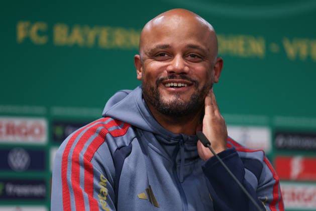 DFB Cup final 25 26 Closing press conference before FC Bayern Munich VfB Stuttgart on 22 05 2026 at the Olympic Stadium in Berlin Coach Vincent Kompany Muenchen laughs smiles at the press conference MH