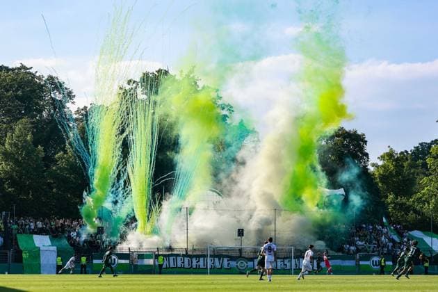 Soccer DFB Cup Junior Final VfL Wolfsburg U19 VfB Stuttgart U19 on 22 05 2026 at Karl Liebknecht Stadium in Potsdam Fans ignite Bengalos Pyrotechnics Pyro flares Smoke bombs in the fan block of Wolfsburg DFB regulations prohibit any use of photographs as image sequences and or quasi video xJRx