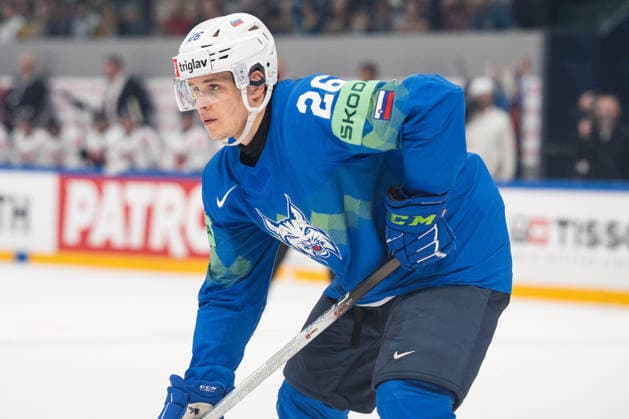 FRIBOURG, FRIBOURG - MAY 22: Maks Percic of Slovenia during the 2026 IIHF World Championship, WM, Weltmeisterschaft Preliminary Round Group B match between Canada and Slovenia at BCF Arena on May 22, 2026 in Fribourg, Fribourg, Switzerland. Copyright: xLivioxBaeriswylx xSPPx Sportspressphoto_SPR151874