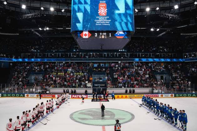 FRIBOURG, FRIBOURG - MAY 22: Players receive the best player awards following the 2026 IIHF World Championship, WM, Weltmeisterschaft Preliminary Round Group B match between Canada and Slovenia at BCF Arena on May 22, 2026 in Fribourg, Fribourg, Switzerland. Copyright: xLivioxBaeriswylx xSPPx Sportspressphoto_SPR151909