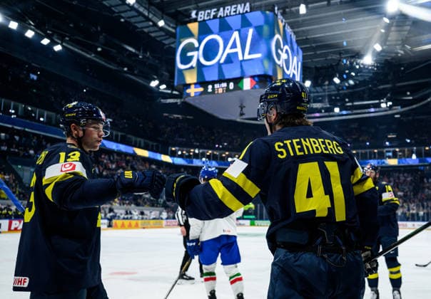 260522 Lucas Raymond and Ivar Stenberg of Sweden celebrate after 3 0 during the 2026 IIHF Ice Hockey World Championship match between Sweden and Italy on May 22, 2026 in Fribourg Photo Jesper Zerman BILDBYRAN kod JZ JZ0726 ishockey ice hockey ishockey vm 2026 vm 2026 iihf world championship sverige sweden italien italy bbeng jubel  Copyright: JESPERxZERMAN BB260522JZ119
